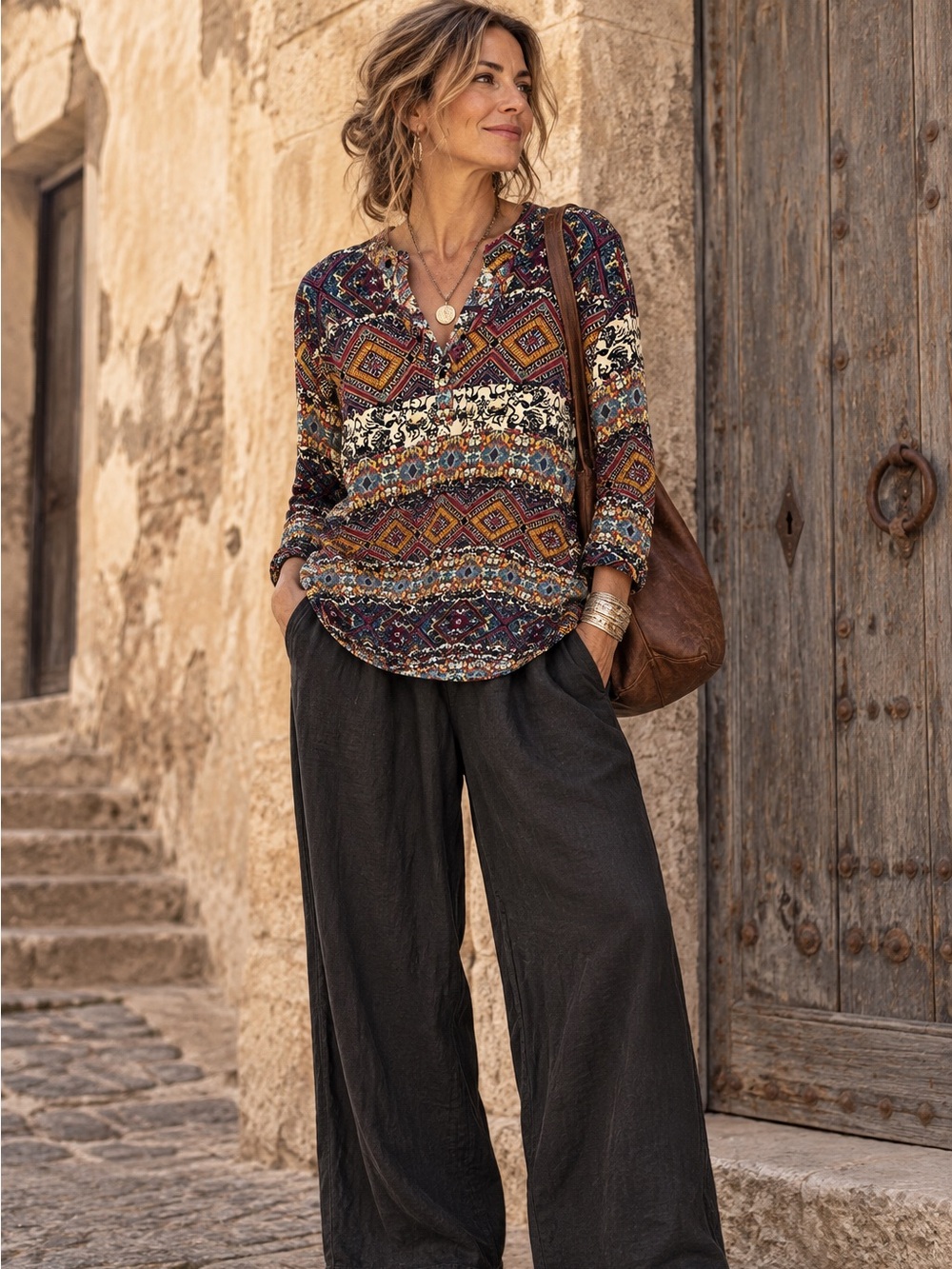 Coofandy Multicolor Tribal Print Long Sleeve Boho Top Medium Eclectic